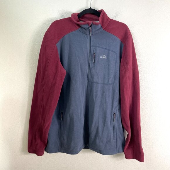 LL Bean Mens Large Tall Slightly Fitted Fleece Jacket Full Zip Up Gray Burgundy - Picture 1 of 6